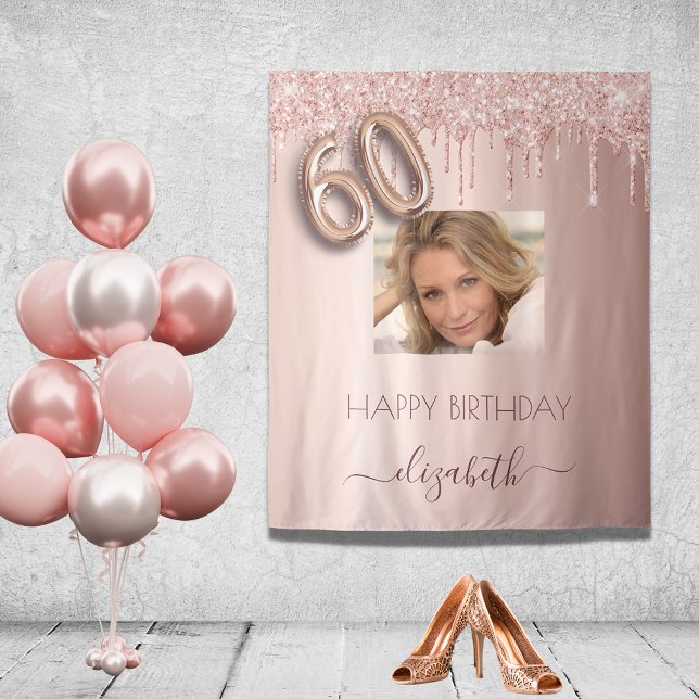 60th birthday rose gold blush glitter drips photo tapestry (Creator Uploaded)