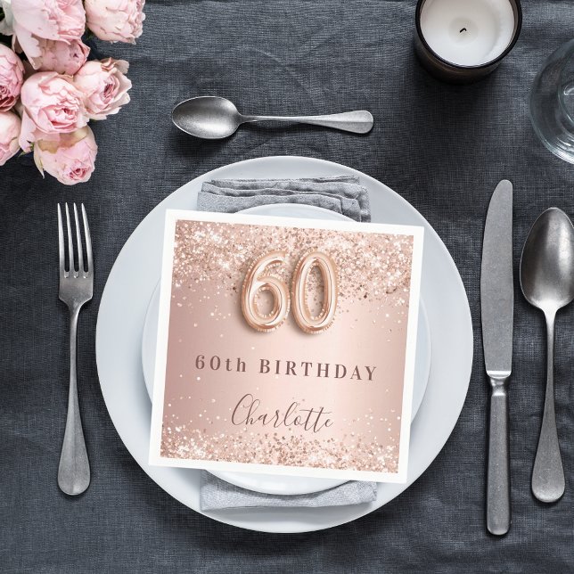 60th birthday rose gold blush glitter name napkin (Creator Uploaded)