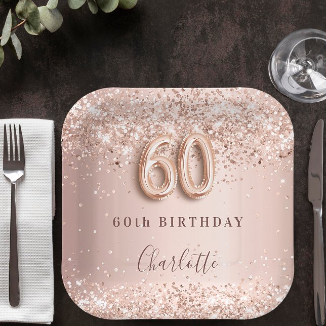 60th birthday rose gold blush glitter name paper plate (Creator Uploaded)