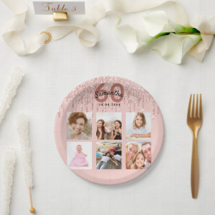 60th birthday rose gold blush glitter photo paper plate