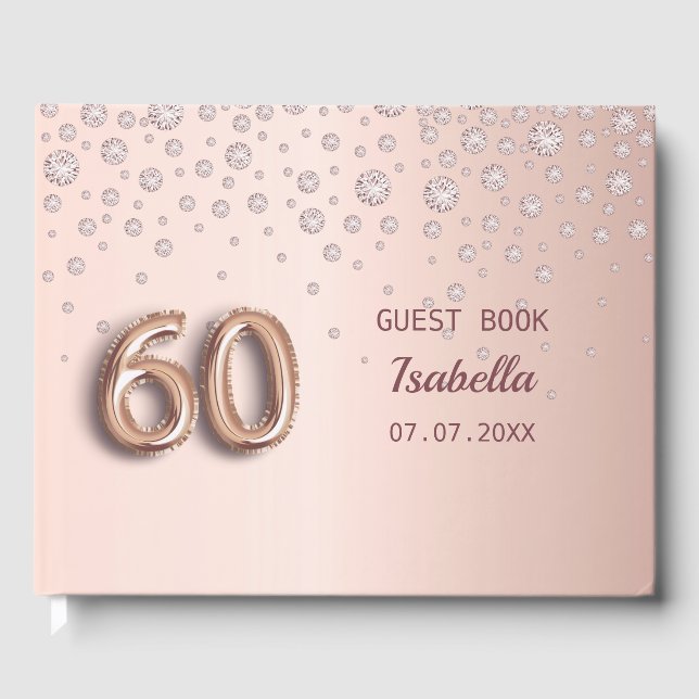 60th birthday rose gold blush name glamourous  guest book (Front)