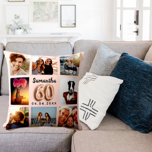 60th birthday rose gold blush pink photo collage cushion