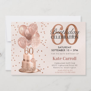 60th Birthday Rose Gold Cake Invitation
