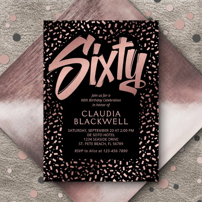 60th Birthday Rose Gold Confetti Invitation (Creator Uploaded)
