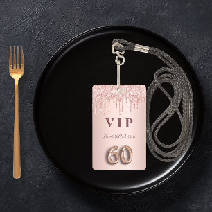 60th birthday rose gold drips pink ID badge