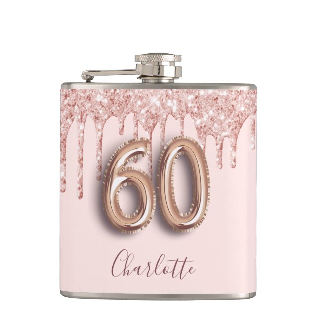 60th birthday rose gold glitter blush name hip flask (Front)