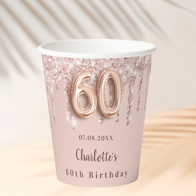 60th birthday rose gold glitter drips paper cups (Creator Uploaded)