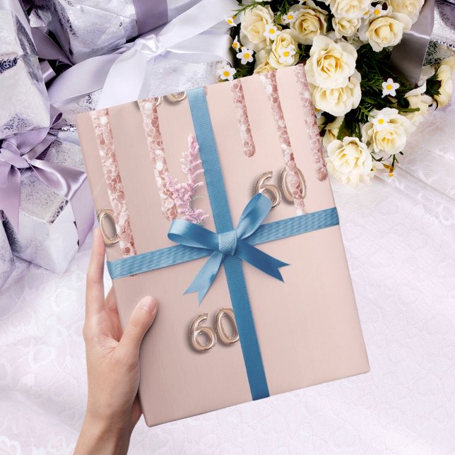 60th Birthday rose gold glitter drips pink Wrapping Paper (Creator Uploaded)