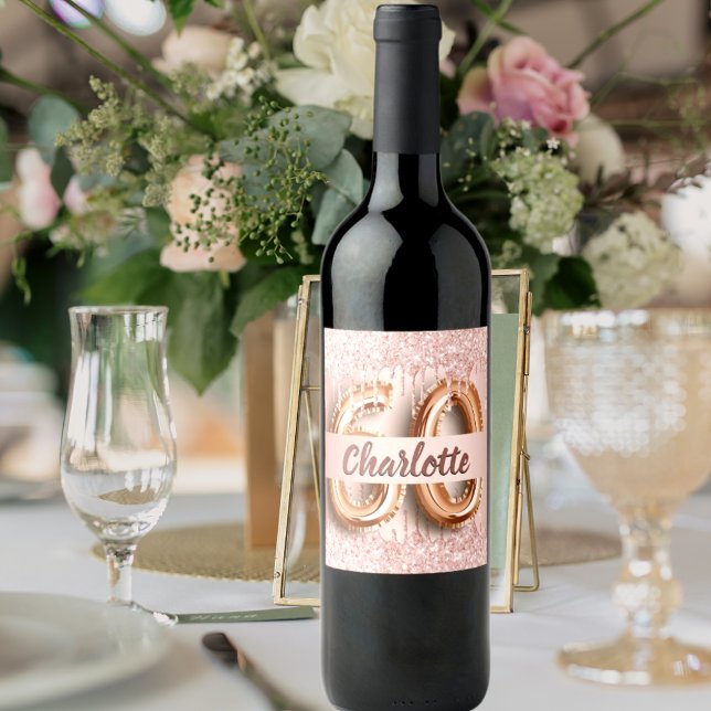 60th birthday rose gold glitter monogram luxury wine label (Creator Uploaded)