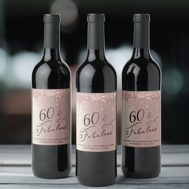 60th Birthday Rose Gold Glitter Personalised Wine Label (Creator Uploaded)