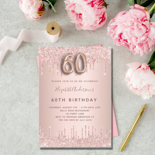 60th Birthday rose gold glitter pink luxury Invitation Postcard