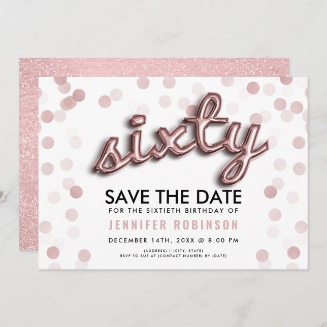 60th Birthday Rose Gold Glitter Save The Date Invitation (Front/Back)