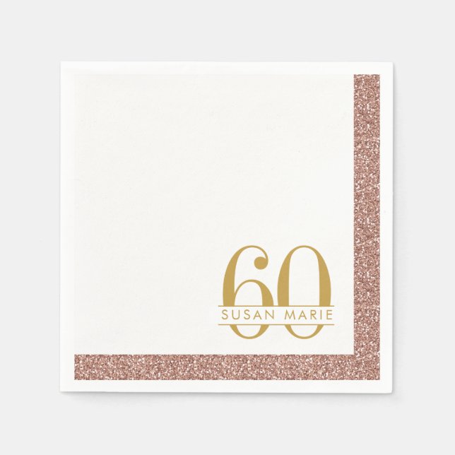 60th Birthday Rose Gold Personalised Pink Glitter Napkin (Front)