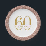 60th Birthday Rose Gold Personalised Pink Glitter Paper Plate<br><div class="desc">Pink glitter rose gold sparkle round border on an elegant and classic simple and sophisticated personalised 60th birthday party paper plate or name and age personalised in the middle.</div>