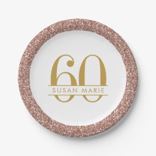 60th Birthday Rose Gold Personalised Pink Glitter Paper Plate