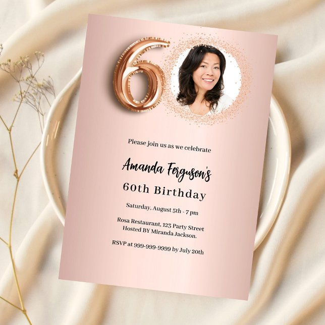 60th Birthday rose gold photo Invitation (Creator Uploaded)