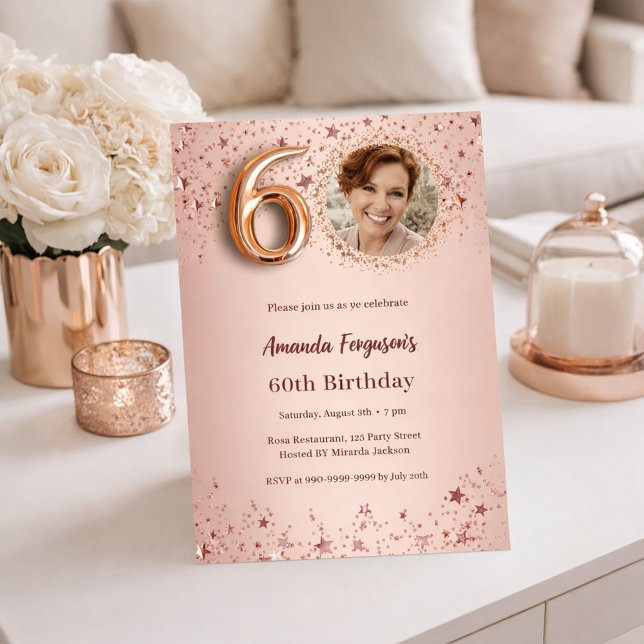 60th Birthday rose gold photo stars Invitation (Creator Uploaded)