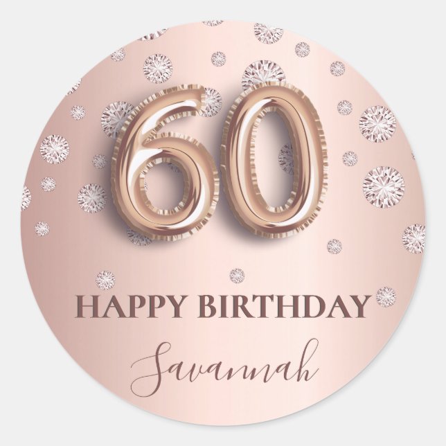 60th birthday rose gold pink diamonds balloon font classic round sticker (Front)