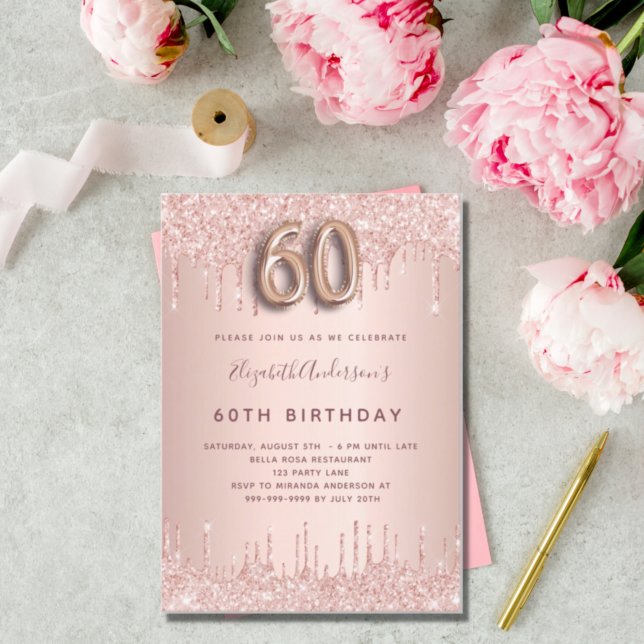 60th Birthday rose gold pink drips Invitation (Creator Uploaded)