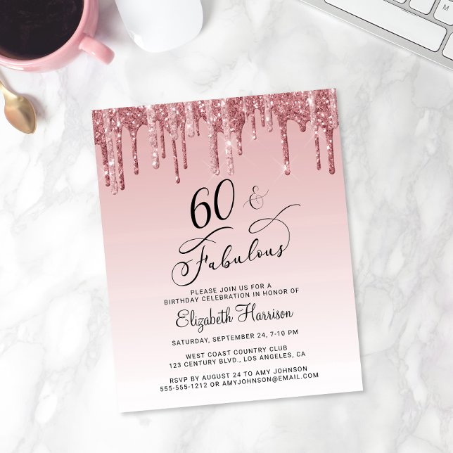 60th Birthday Rose Gold Pink Glitter Budget Invite (Creator Uploaded)