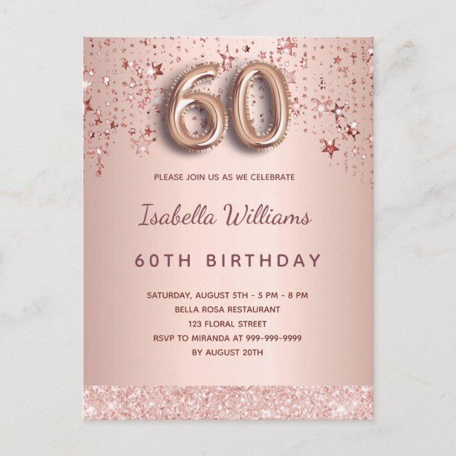 60th birthday rose gold pink stars balloon script postcard (Front)