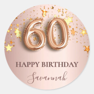 60th birthday rose gold stars pink balloon font classic round sticker