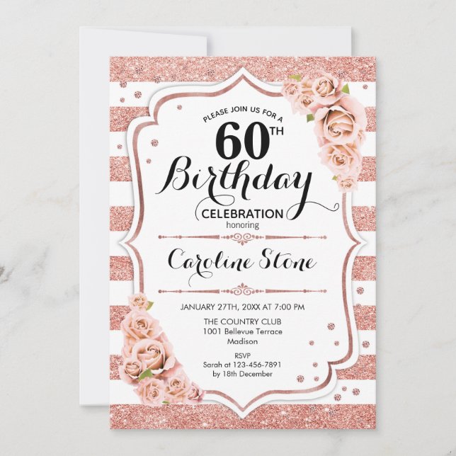 60th Birthday -  Rose Gold White Stripes Invitation (Front)