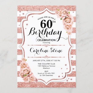 60th Birthday - Rose Gold White Stripes Invitation