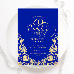 60th Birthday Royal Blue Gold Roses Invitation
