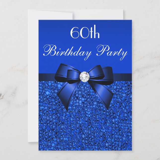 60th Birthday Royal Blue Sequins Bow and Diamond Invitation (Front)