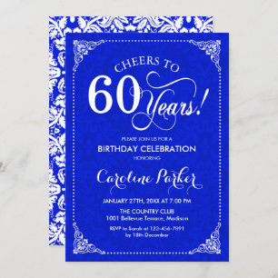 60th Birthday - Royal Blue White Damask Invitation