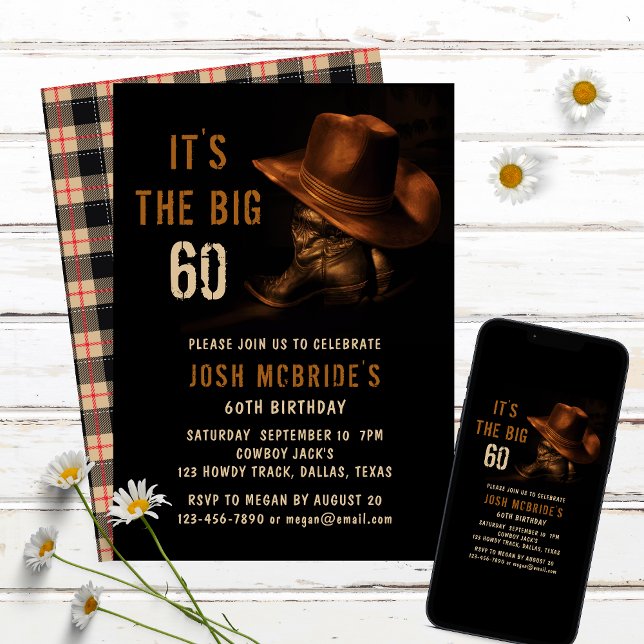 60th Birthday Rustic Cowboy Country Hat Boots Invitation (Creator Uploaded)
