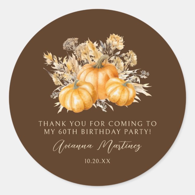 60th Birthday Rustic Pumpkin Fall Thank You Favour Classic Round Sticker (Front)
