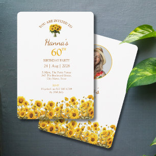 60th Birthday Rustic Sunflower Floral Photo Invitation