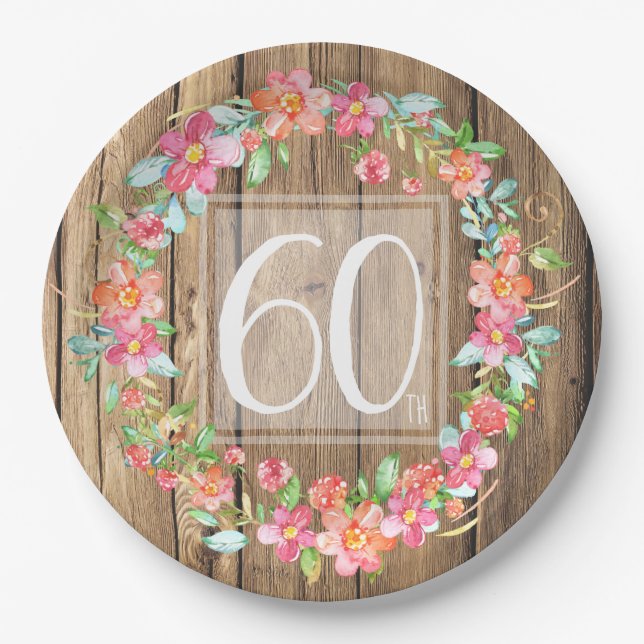 60th birthday rustic wood watercolor flowers paper plate (Front)