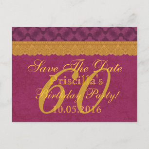 60th Birthday Save the Date Burgundy Gold Lace Announcement Postcard