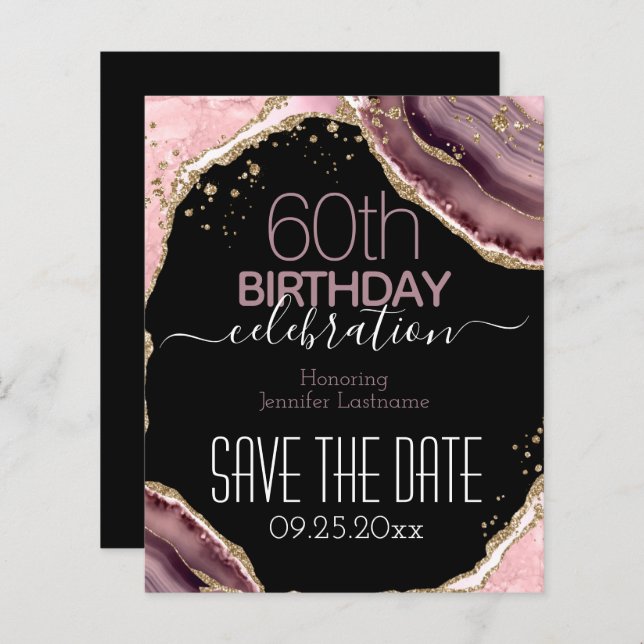 60th Birthday Save the Date Pink Agate Budget (Front/Back)