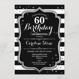 60th Birthday - Silver Black White Stripes Invitation