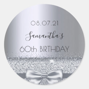 60th birthday silver bow classic round sticker