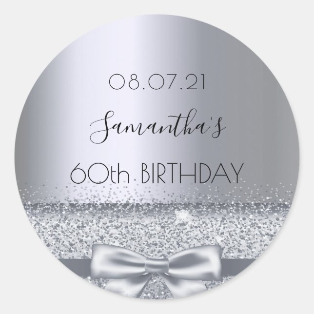60th birthday silver bow classic round sticker (Front)