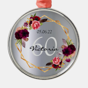 60th birthday silver flowers geometric burgundy metal ornament
