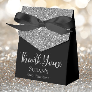 60th Birthday Silver Glitter Black Thank You Favour Box