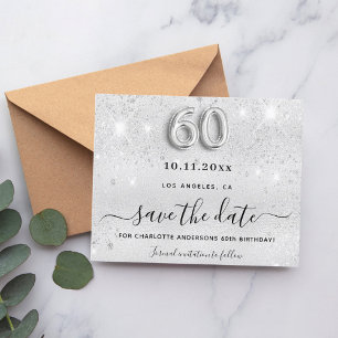 60th birthday silver glitter budget save the date flyer