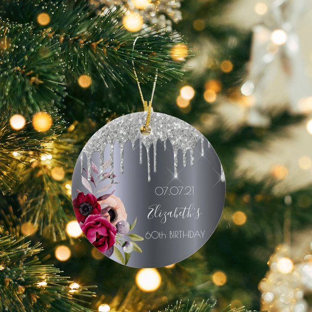 60th birthday silver glitter drips floral burgundy ceramic ornament (Creator Uploaded)