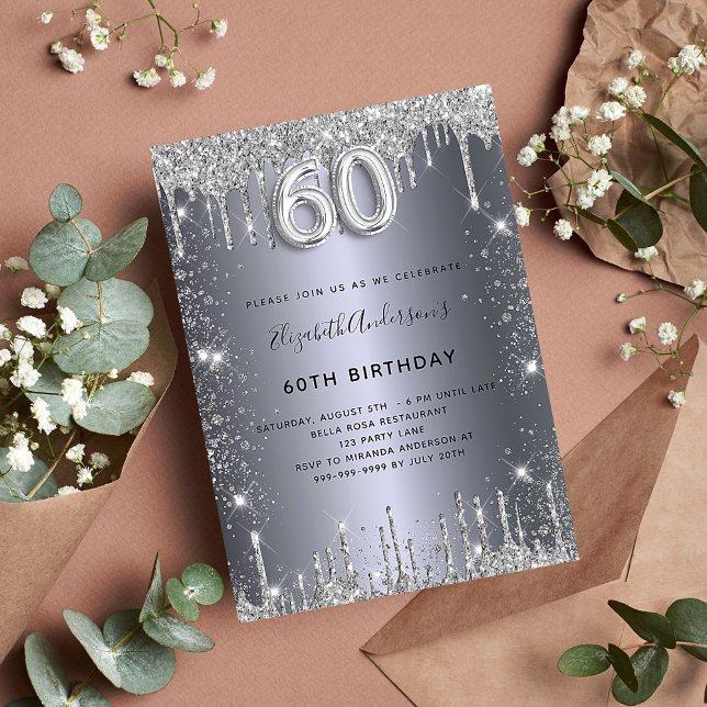 60th birthday silver glitter drips glamourous invitation postcard (Creator Uploaded)