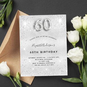 60th birthday silver metal glitter dust glam invitation postcard