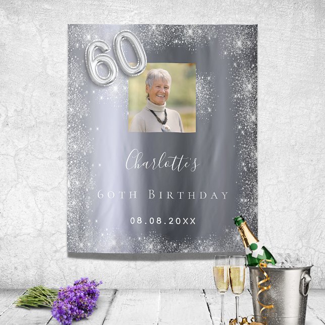 60th birthday silver photo glitter dust welcome tapestry (Creator Uploaded)
