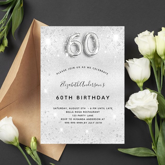 60th birthday silver sparkles invitation (Creator Uploaded)