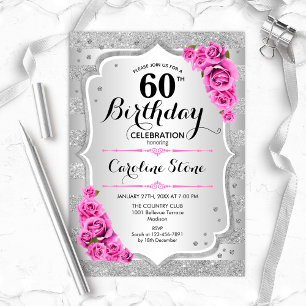 60th Birthday - Silver Stripes Pink Roses Invitation