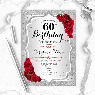 60th Birthday - Silver Stripes Red Roses Invitation